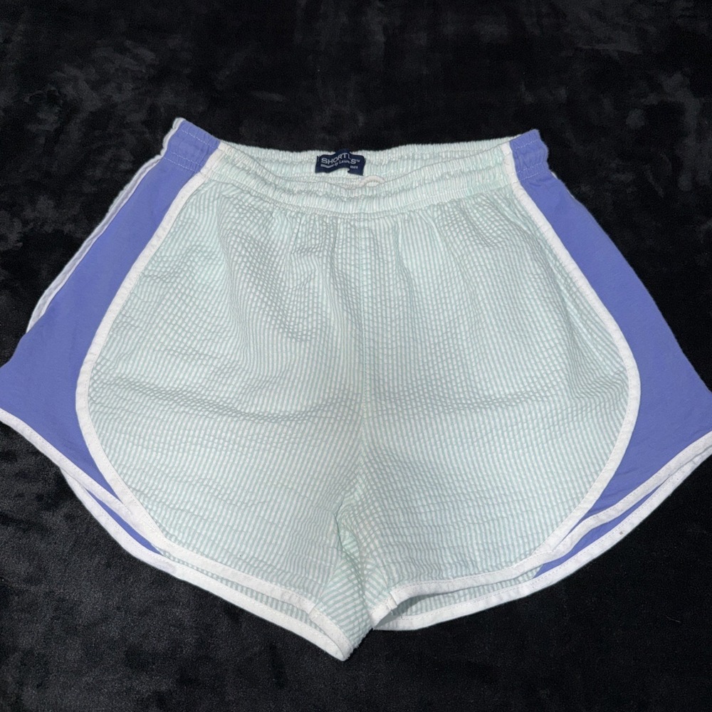 Lauren James Shorties Shorts M Seersucker Green Blue Stripe Drawstring Preppy